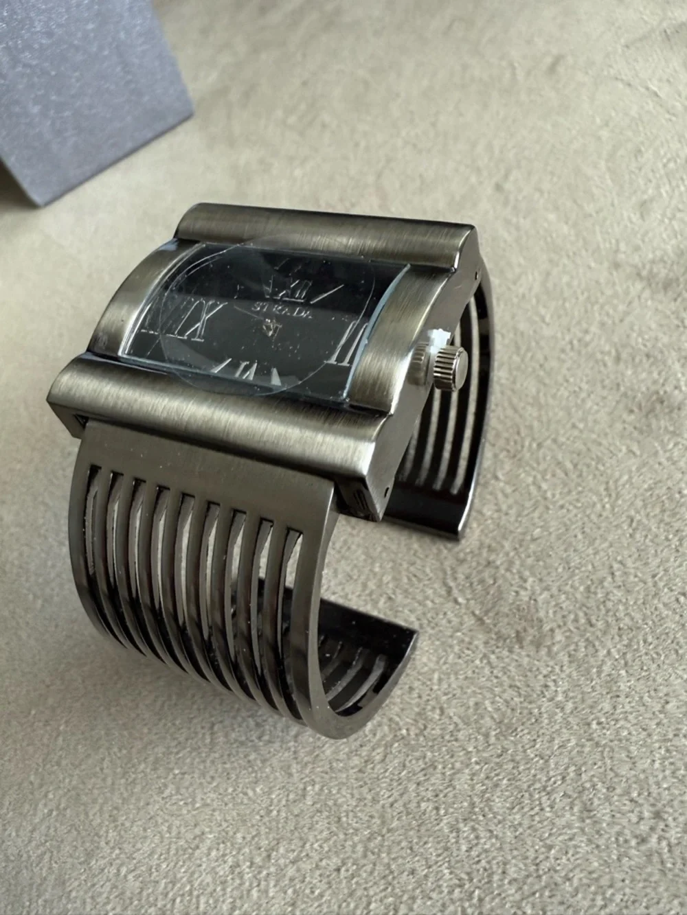 Strada Silver and Black Rectangular Cuff Watch